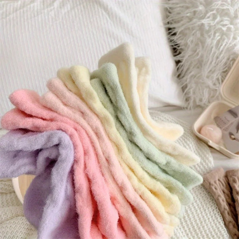 New Soft and Fluffy Fluffy Socks Autumn Winter Thicken and Thickened Macaron Color Mid Calf Sock for Cold Protection Solid Color Peaceful Pleasures Health and Wellness