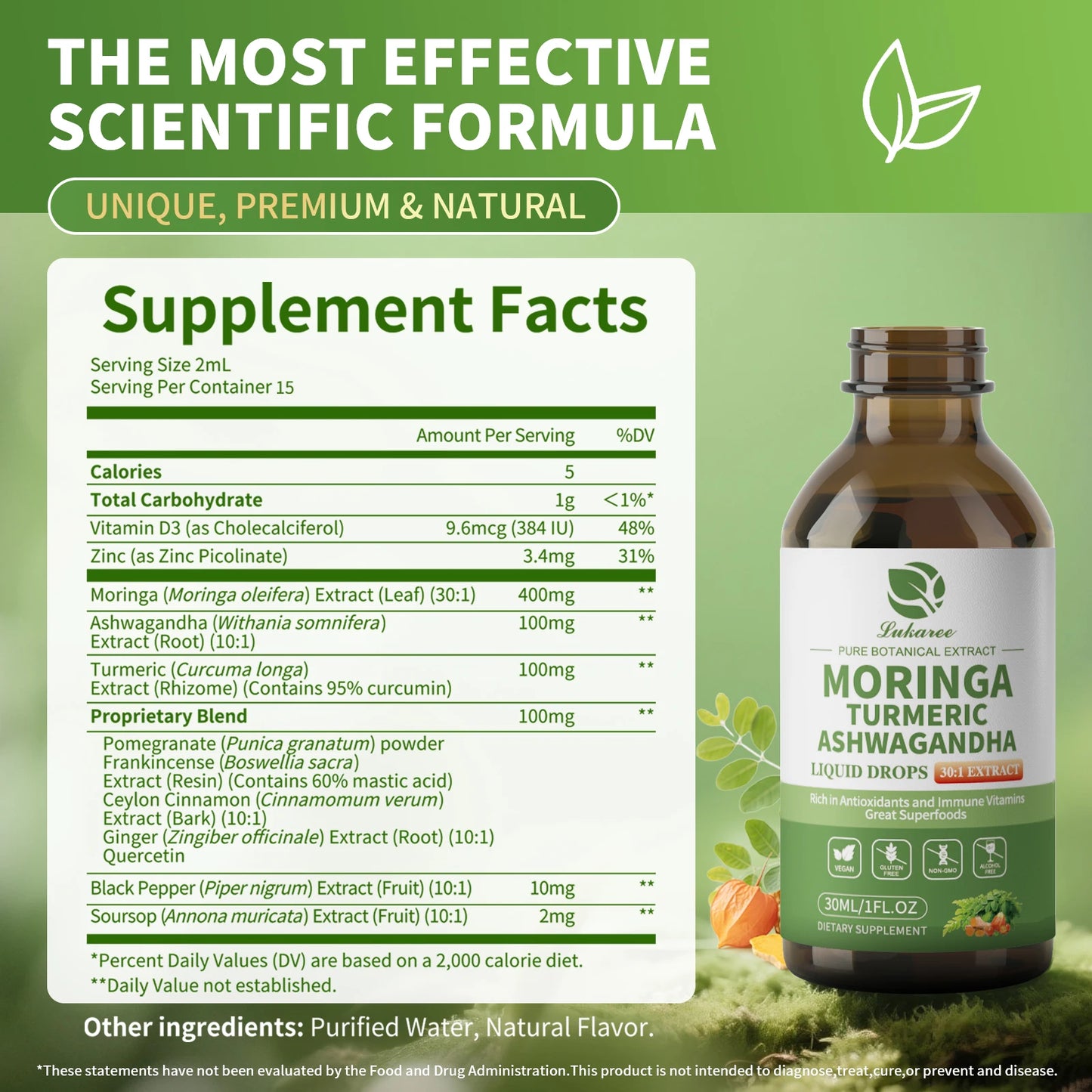 Supplement bottle with label and supplement facts on a green background