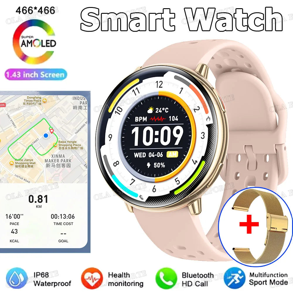 New Smart Watch GPS 1.43 Inch AMOLED IP68 Waterproof Bluetooth Call Multi-sport Mode Health Monitoring SmartWatch Men Women Gift Peaceful Pleasures Health and Wellness Go20Milan