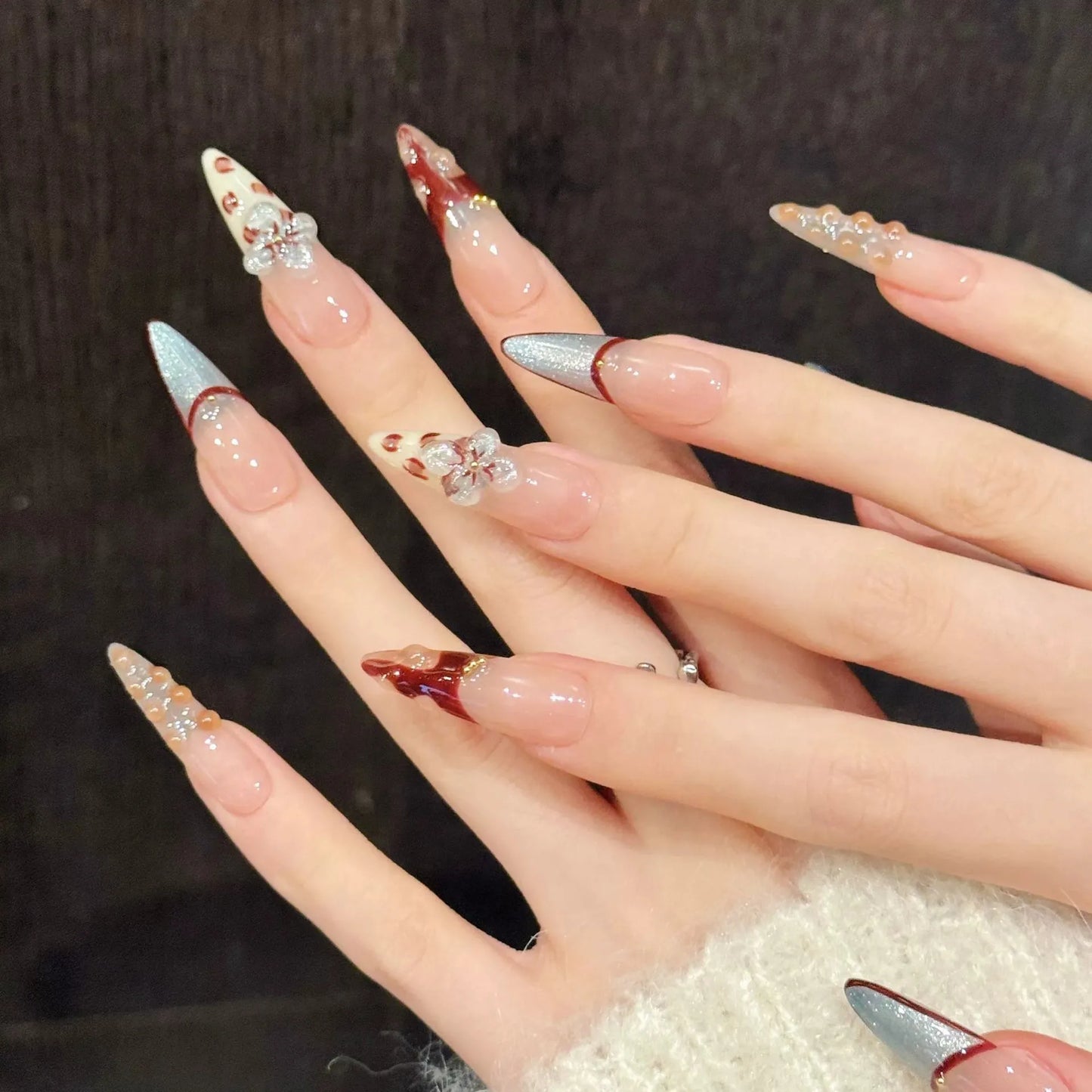 Handmade Press On Nails – 3D Flowers Cat's Eye Long False Tips Press On Nails Peaceful Pleasures Health and Wellness