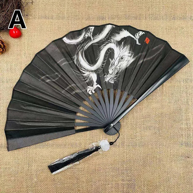 8 Inch China-Chic Fan Guofeng Folding Fan Double Sided Silk Ink Painting Chinese Fan With Tassel Antique Male Folding Fan Peaceful Pleasures Health and Wellness Ink Tenglong