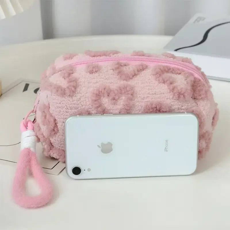 Plush Makeup Bag with Handle | Love Print Travel Cosmetic Pouch