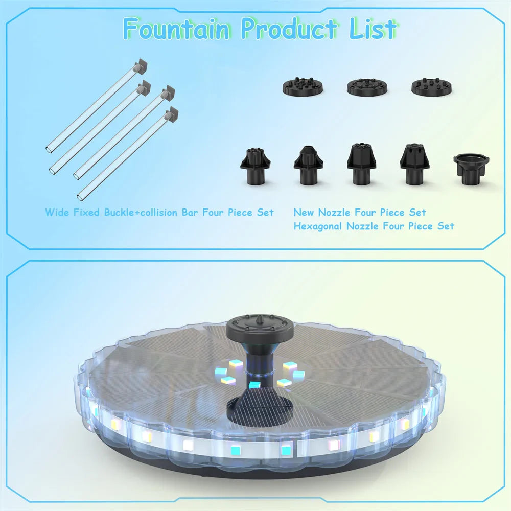 3.5W Solar Fountain Pump – LED Lights, 8 Nozzles, 1800mAh