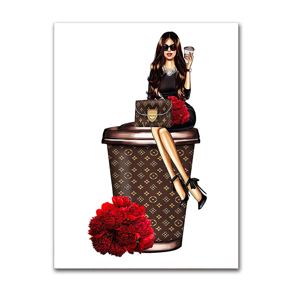 Paris Fashion Girl Flower Canvas Wall Art Print | Unframed Poster