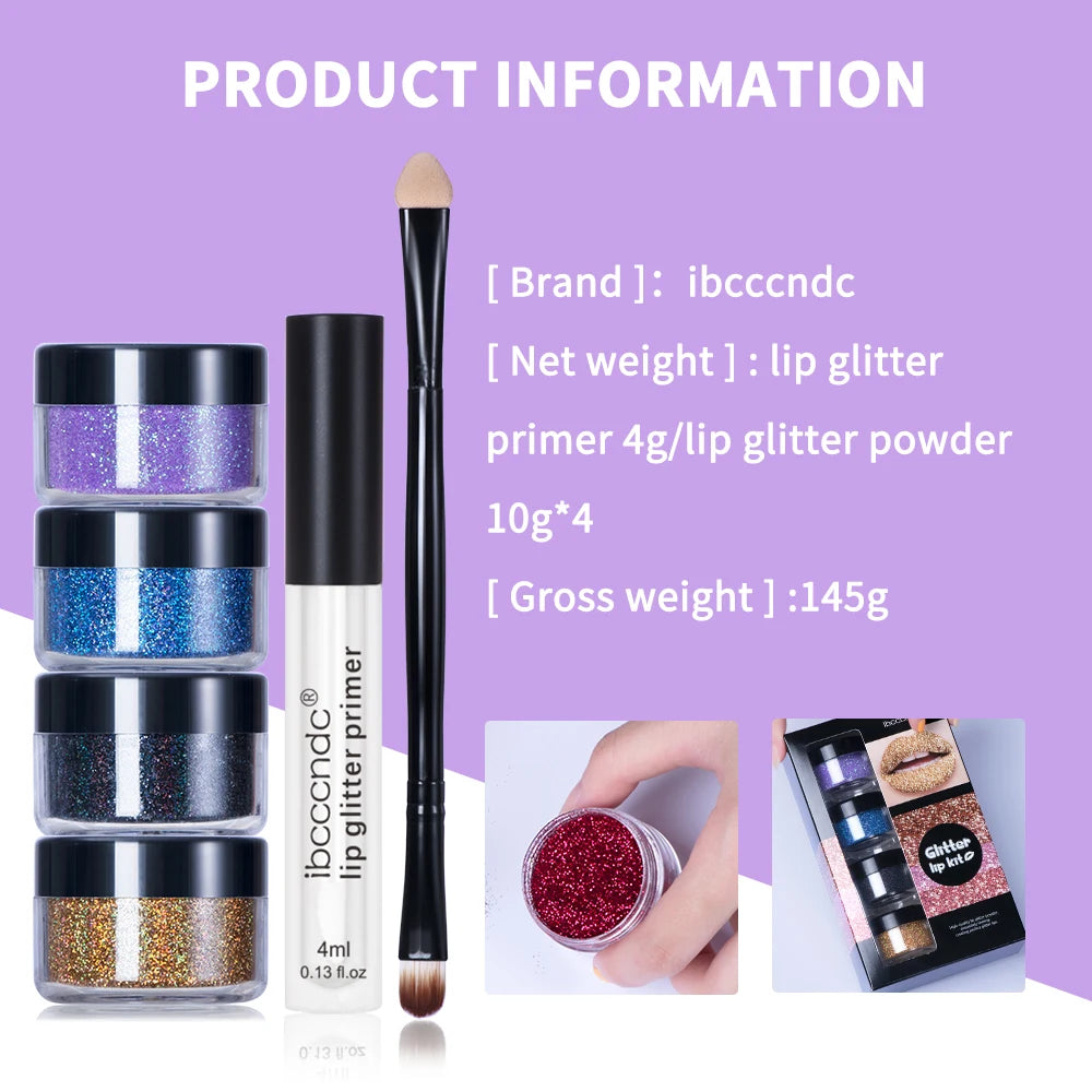 4Color Glitter Lip Gloss Set, Diamond Metallic High Pigment Powder for Lip Makeup, Glitter Lip Makeup, with Lip Primer and Brush Peaceful Pleasures Health and Wellness