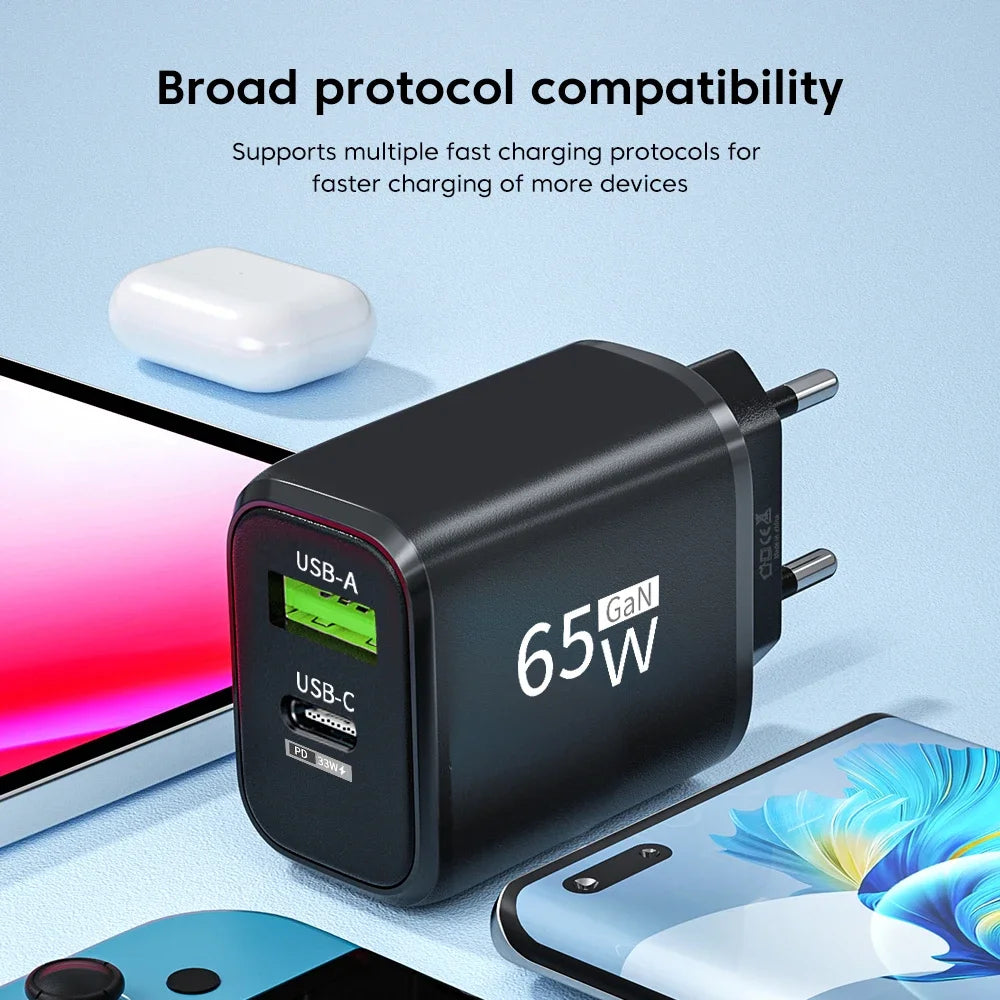 GaN 65W USB-C Fast Charger QC3.0 PD – iPhone, Samsung, Tablet