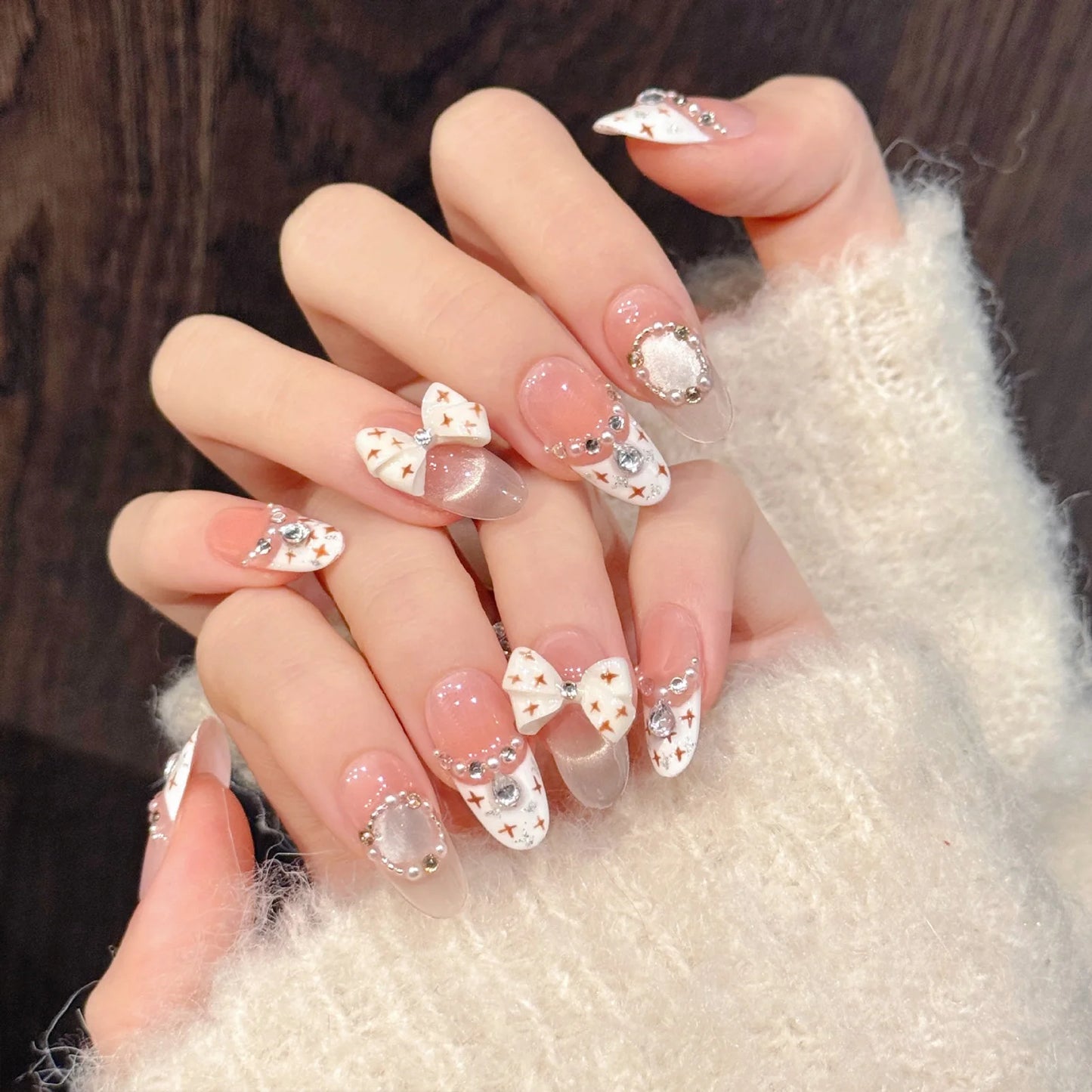 10pcs Handmade Press on Nails French Cat Eye Pink Bow Decor Korean False Nails Wearable Full Cover Ins Almond False Nail Tips Peaceful Pleasures Health and Wellness L 3