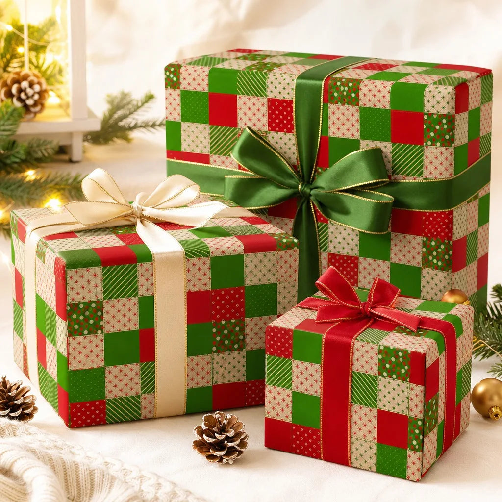 Christmas Wrapping Paper Roll Patchwork Plaid Red Green Kraft Design