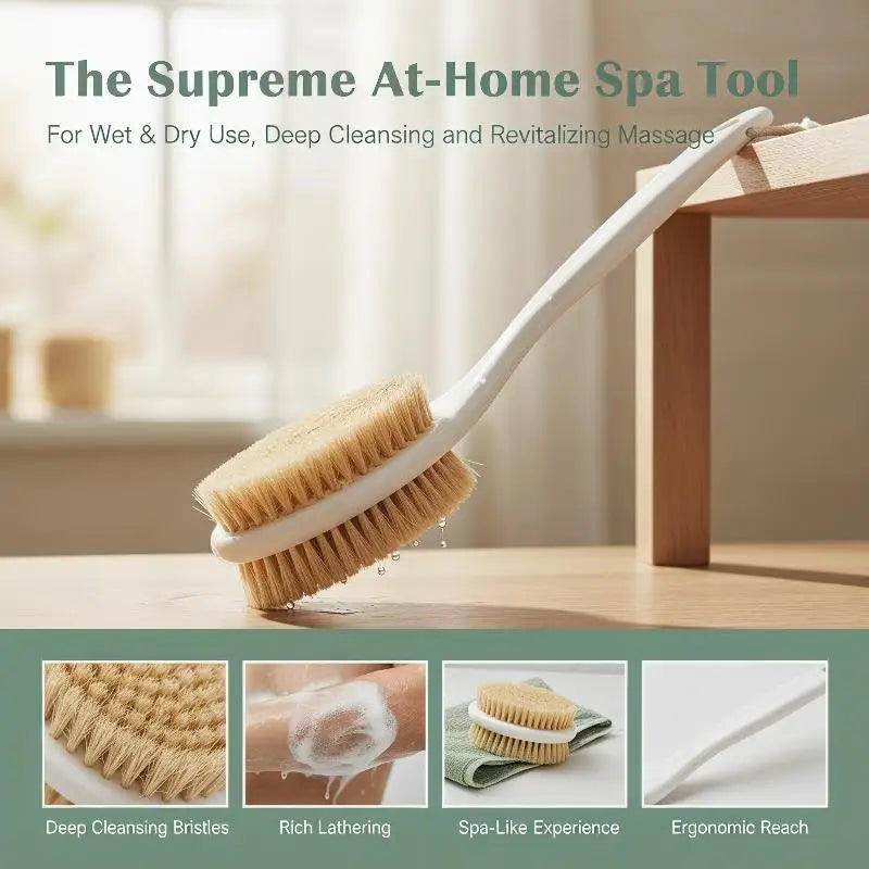 2-in-1 Long Handle Bath Brush & Exfoliating Loofah Puff