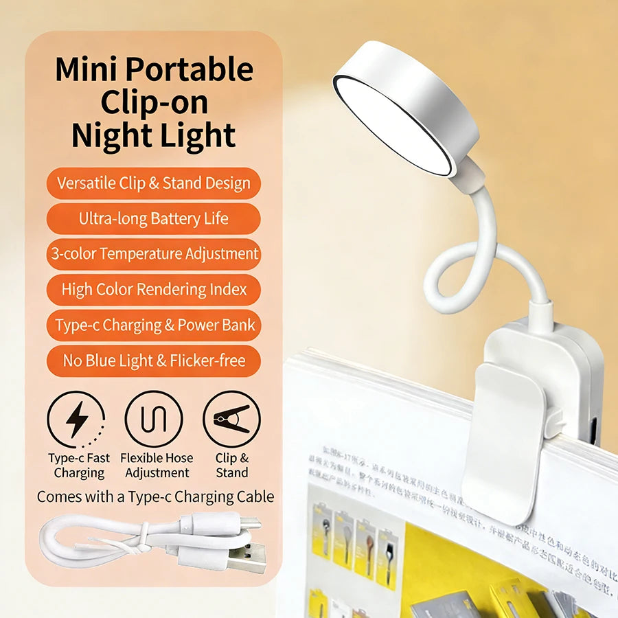 Rechargeable Clip-On Book Lamp Bedside Reading Light 3 Colors Eye Protection Portable Book Night Light Office Study Table Lamp Peaceful Pleasures Health and Wellness Round White