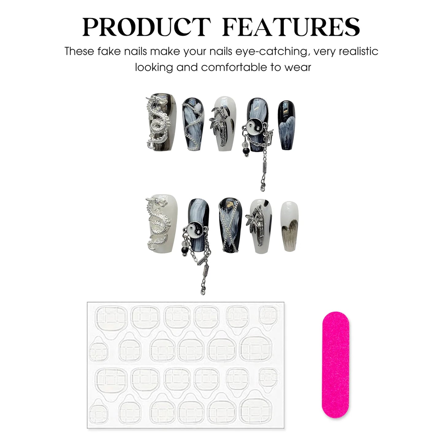 Handmade Press on Nails with Rhinestone Loong Bamboo Design False Nails for Women Wearable Chinese Ballet Head Fake Nail Tips Peaceful Pleasures Health and Wellness