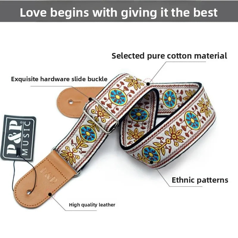 Guitar Strap Embroidered Belt Adjustable Jacquard Band Cotton Leather