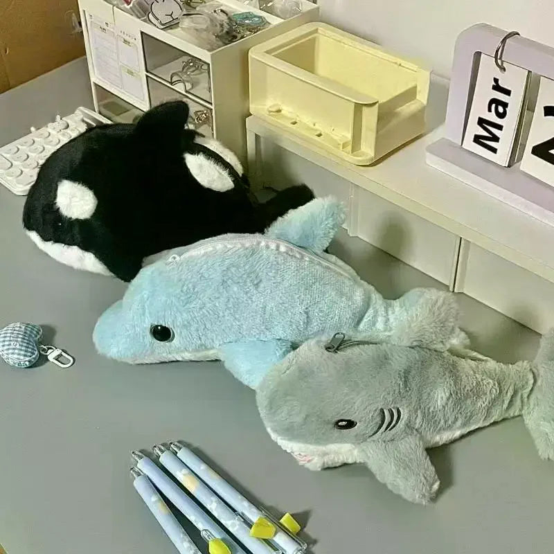 Kawaii Plush Shark Dolphin Pencil Case – Cute Pen Bag