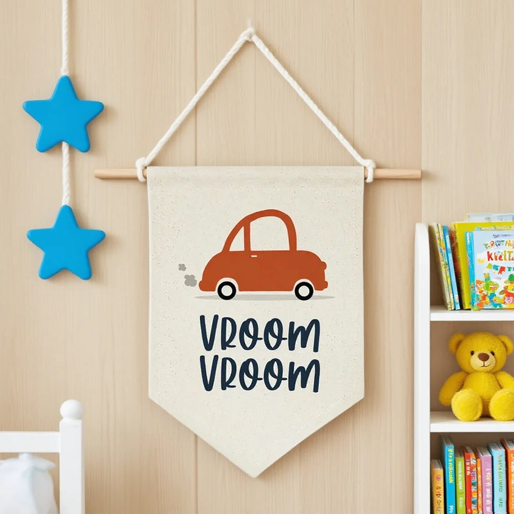 Vroom Vroom Canvas Pennant Banner – Kids Nursery Wall Decor Canvas Pennant Banner Peaceful Pleasures Health and Wellness