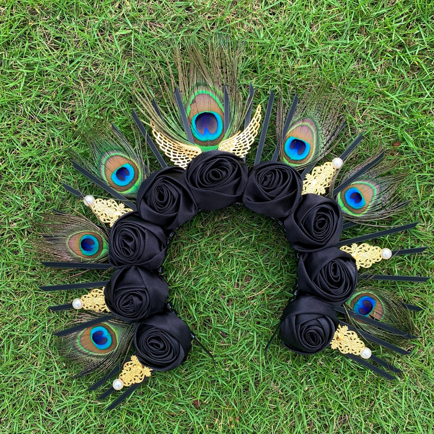 Peacock Feather Gold Halo Crown Sun Headband Hallowee Cosplay Festival Bridal Wedding Maternity Photoshoot Goddess Headpiece Peaceful Pleasures Health and Wellness style 1