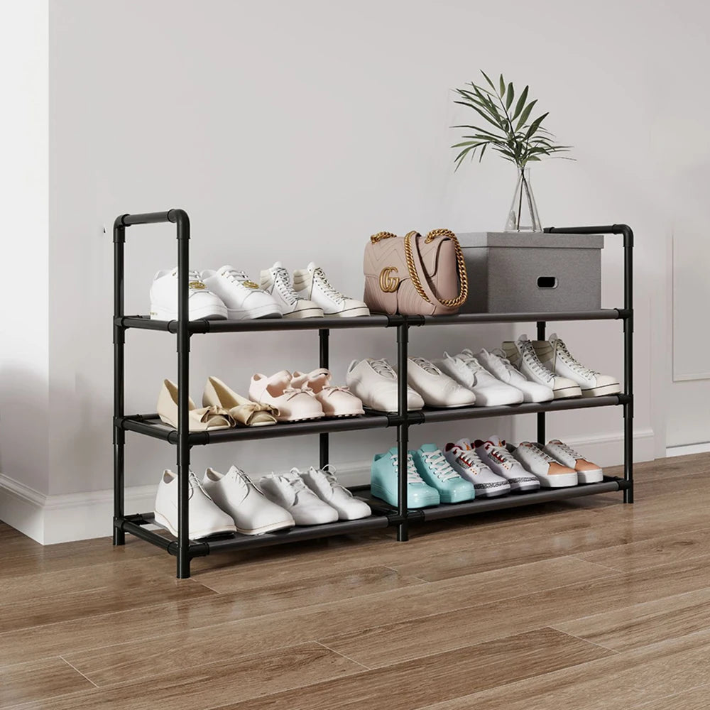 Shoe Rack 3 Tier Long Storage Organizer Wide Metal Shoe Shelf for Closet Entryway Black Dustproof Storage Rack, Dormitory Iron S Peaceful Pleasures Health and Wellness