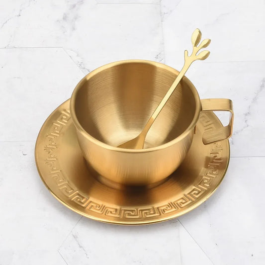 Hot 250ML Stainless Steel Small Cup with Handle Double Layer Hot Resistant Water Coffee Tea Cup Set with Plate and Spoon Cup Peaceful Pleasures Health and Wellness