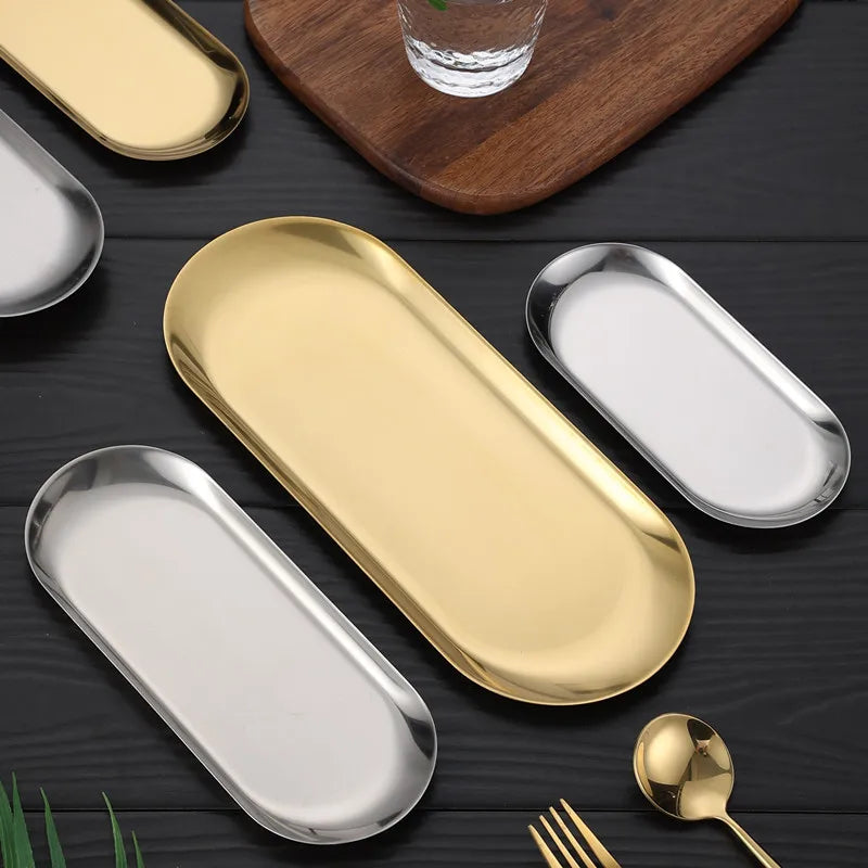 Nordic Stainless Steel Oval Serving Tray – Mirror Polished Dessert & Snack Plate, Gold or Silver, 3 Sizes