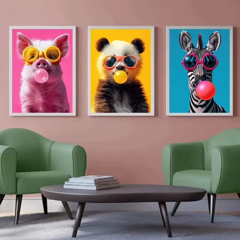 Cute Animals Pink Bubblegum Canvas Wall Art Print | Kids Decor