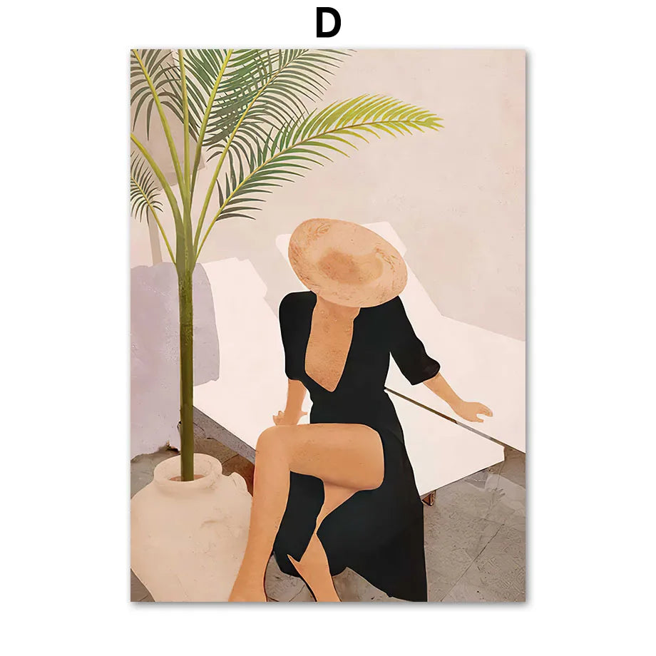 Boho Abstract Woman Canvas Wall Art | Minimalist Tropical Print