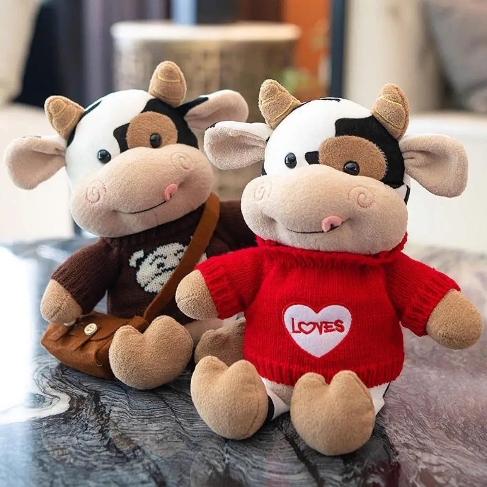 Cute Tongue Out Cow Plush Toy Removable Knit Sweater Stuffed Animal
