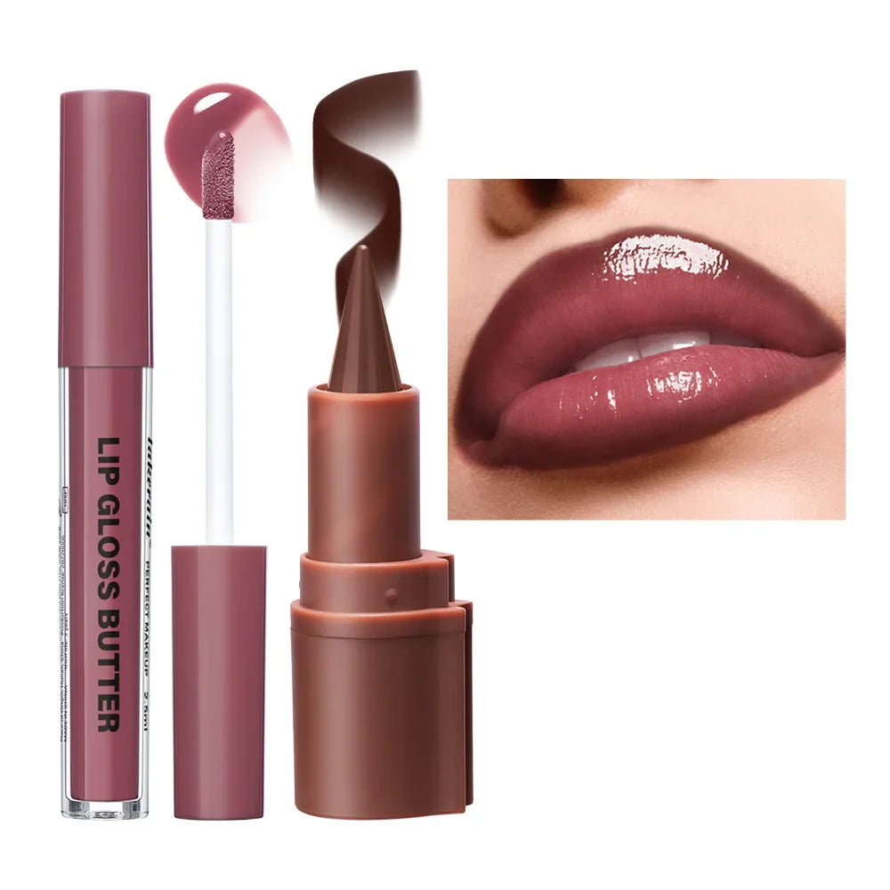 3D Lip Liner & Lip Gloss Butter Set – Hydrating Natural Finish