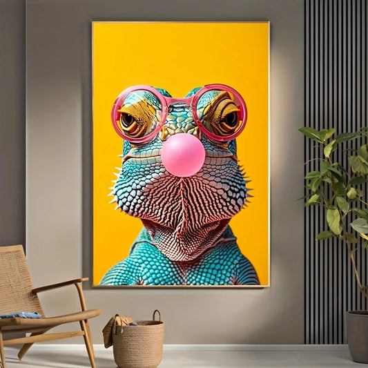 WhimsyWorks Funny Animals Bubble Blowing Chameleon Canvas Poster,Unframed Artistic Wall Decor for Living Room,Bedroom, Art Decor Peaceful Pleasures Health and Wellness ZLH3268 60x90cm No Frame