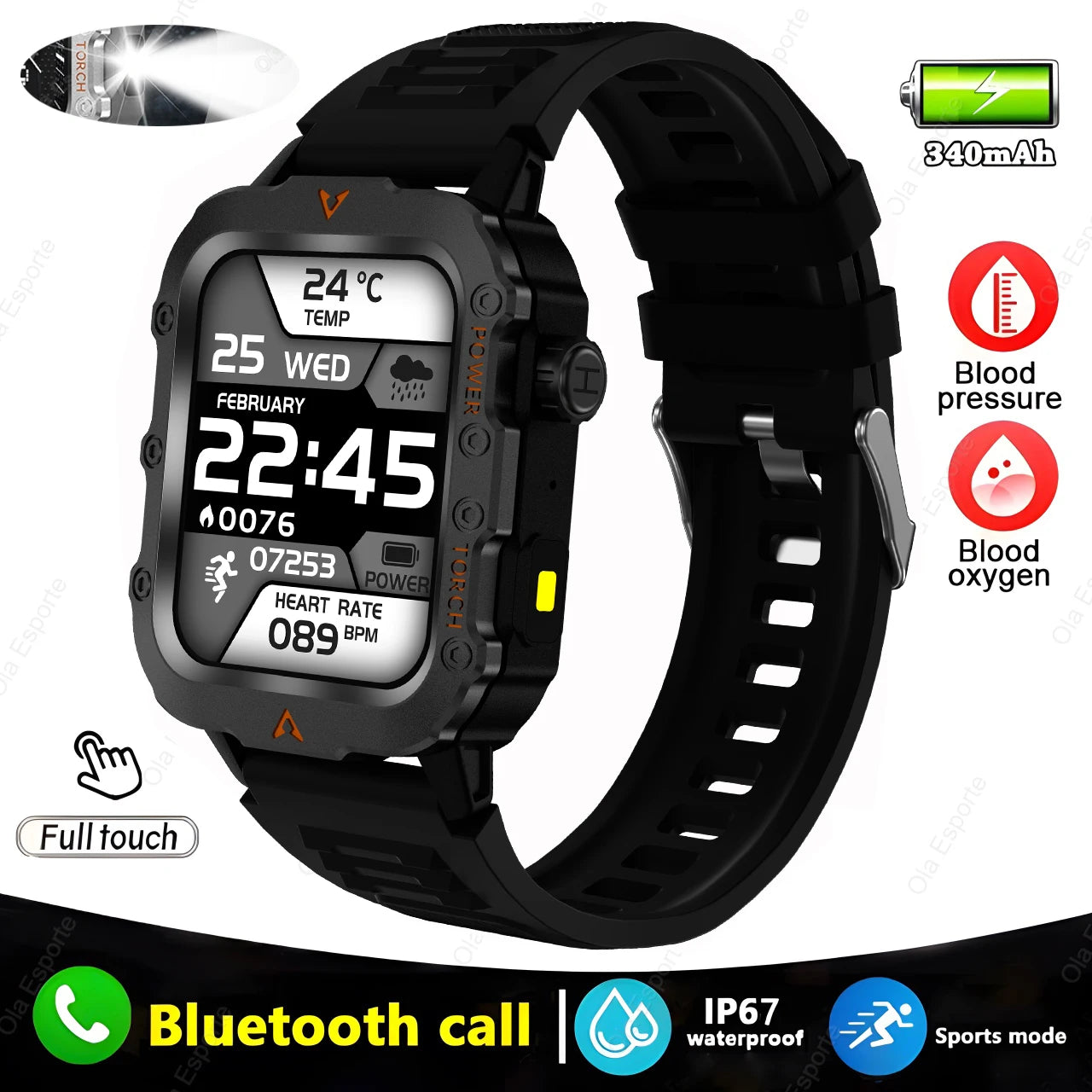 Military Sports Smartwatch | Bluetooth Call, Flashlight, IP69K