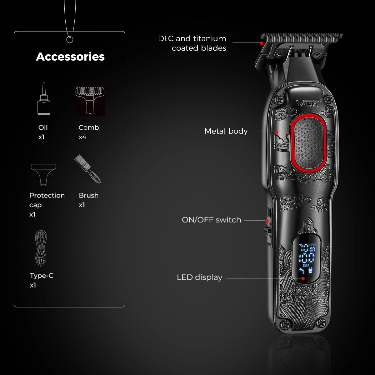 VGR intelligent digital hair clipper relief texture machine height endurance 7000rpm hair salon home carving push shear V-254 Peaceful Pleasures Health and Wellness