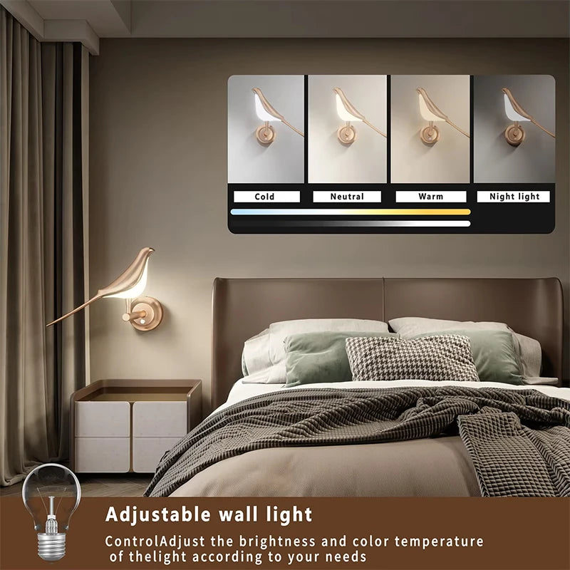 Golden Bird LED Wall Lamp | 3-Color Night Light, Bedroom Decor