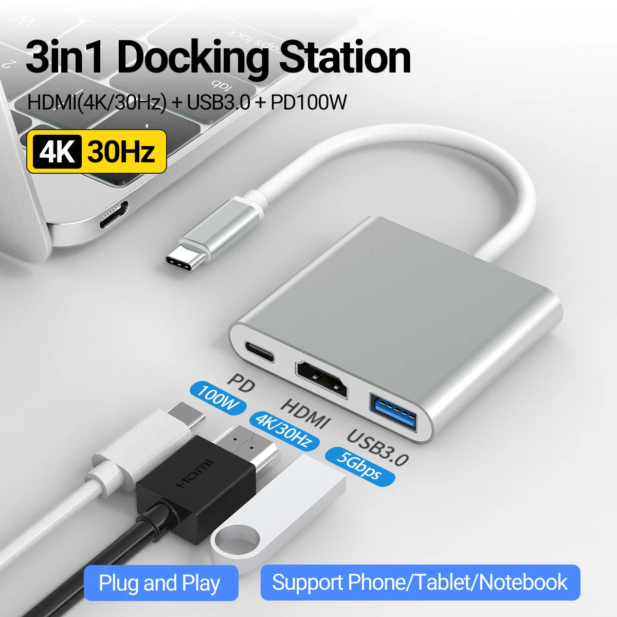 3-in-1 USB-C Hub | 100W PD, USB 3.0 & 4K HDMI for MacBook