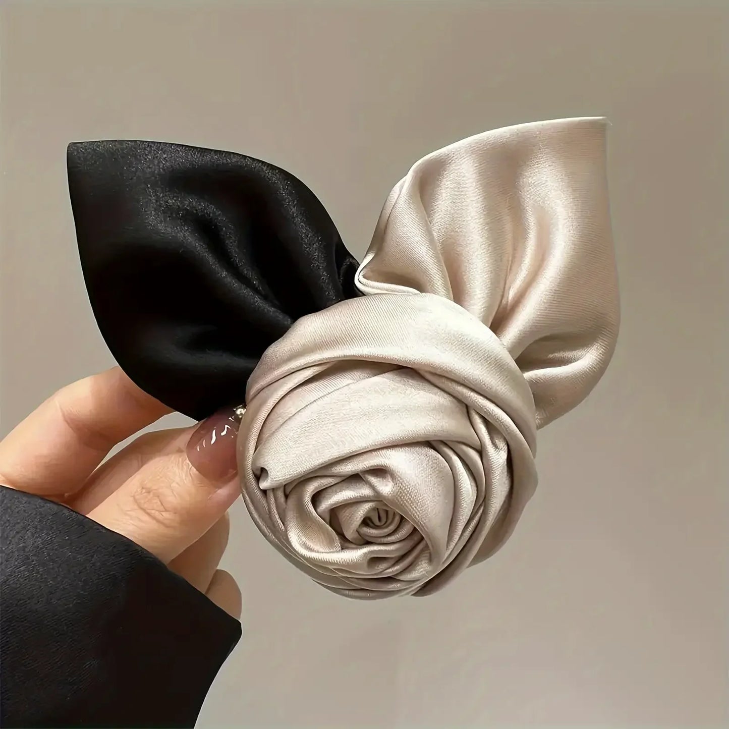 Satin Bow Hair Clip with Rose Design – Black & Beige Ponytail Holder Peaceful Pleasures Health and Wellness 1PC China Mainland