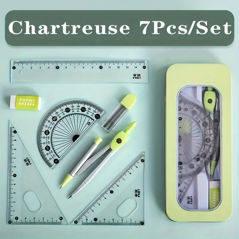 7-Piece Student Geometry Set – Compass, Ruler & Protractor