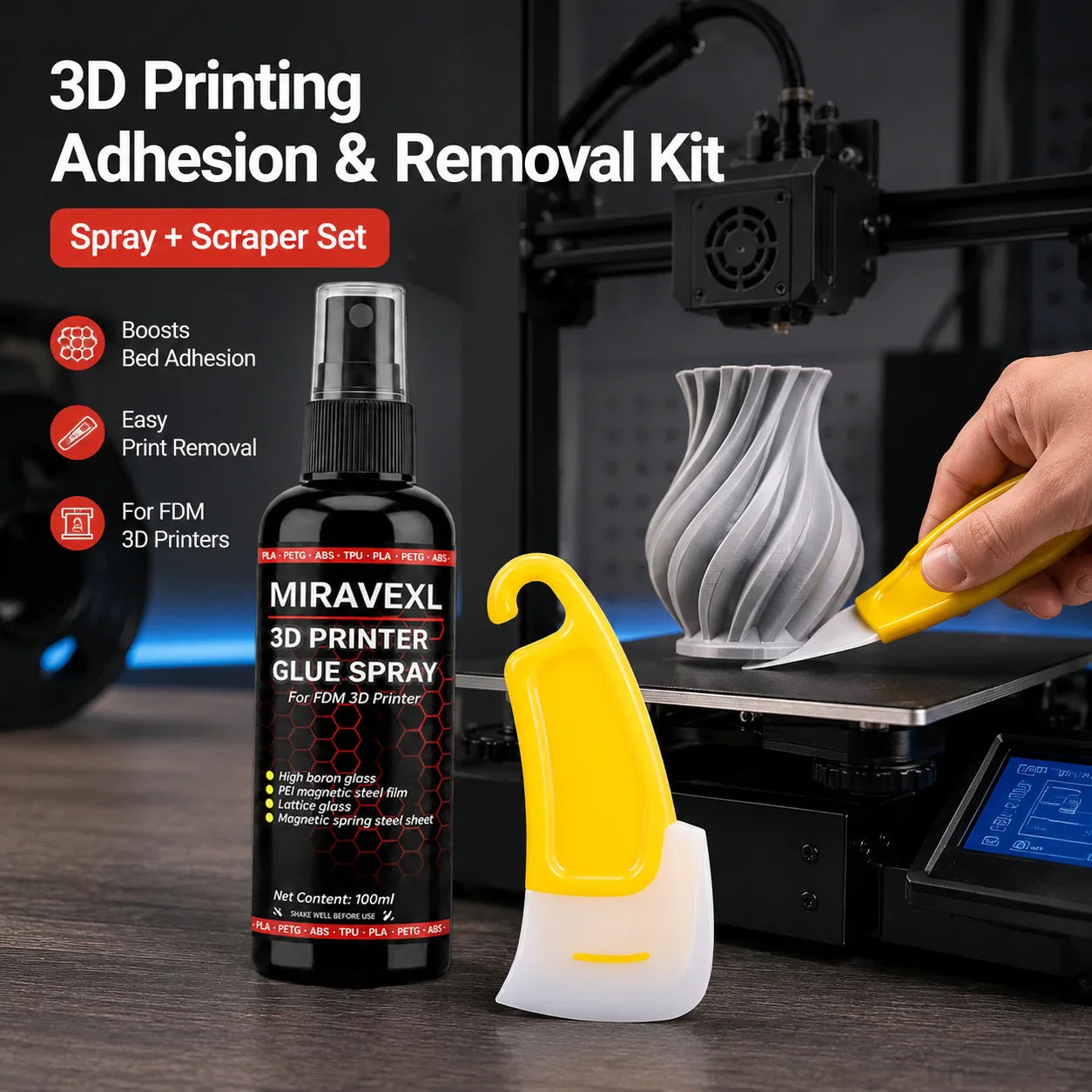 3D Printer Glue Spray & Scraper Set – FDM/SLA Bed Adhesion