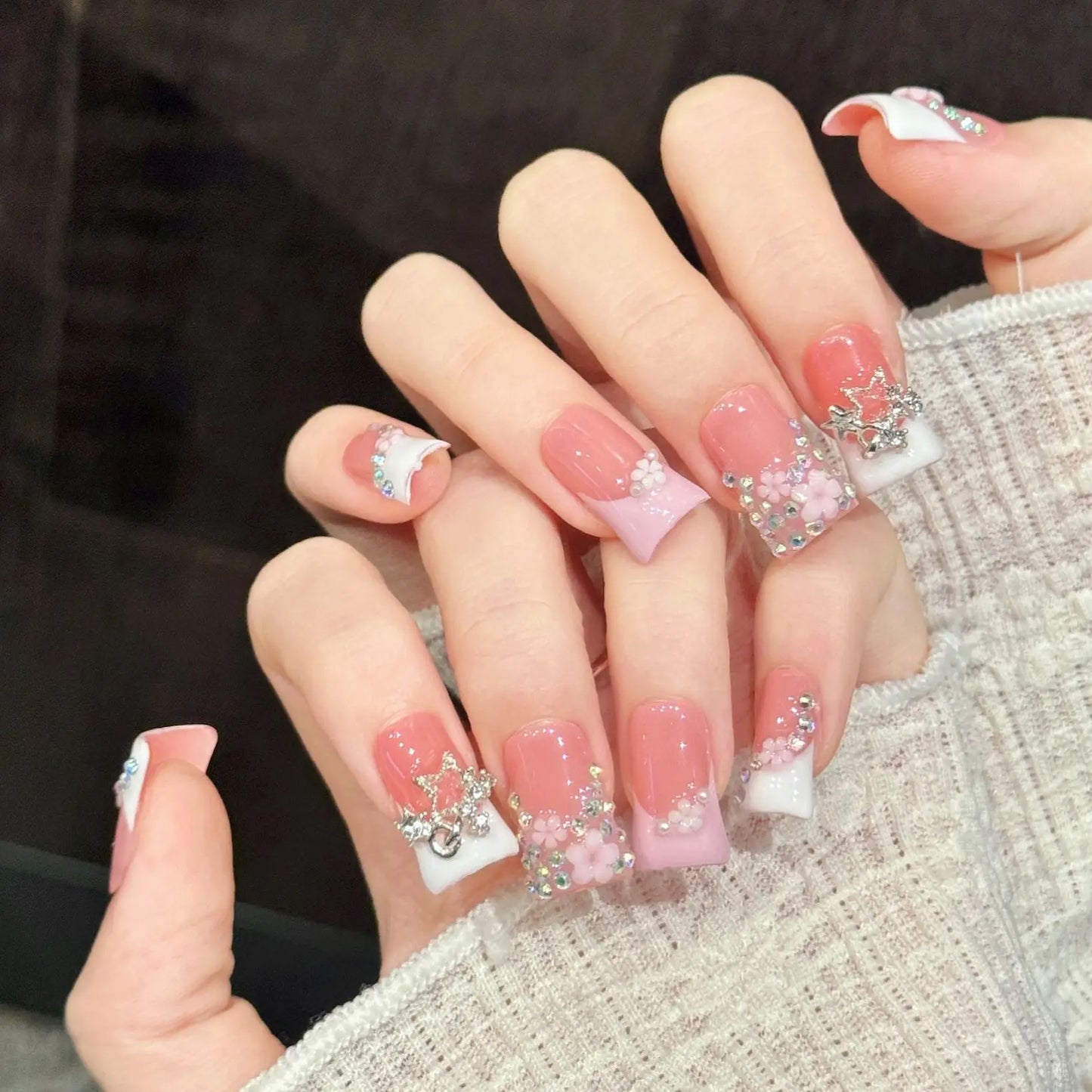 French Duckbill Press On Nails 3D Floral Rhinestone | 10pcs