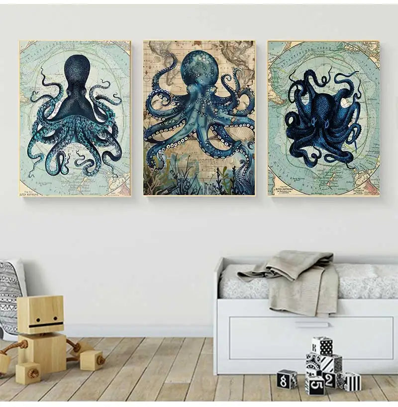 Poster Prints Nautical Coastal Wall Art Picture Antarctica Map Canvas Painting Home Wall Decor Kraken Octopus Tentacles Vintage Peaceful Pleasures Health and Wellness
