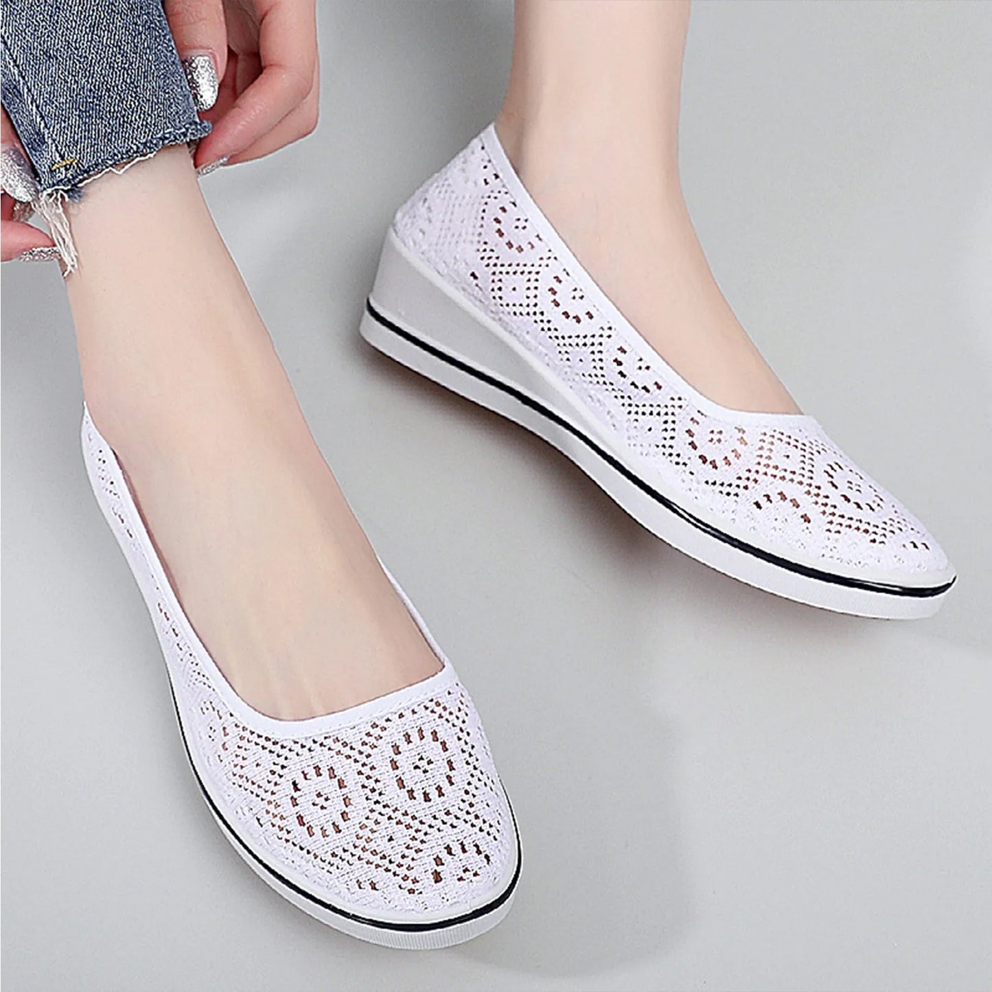 Women's Wedge Heel White Mesh Shoes Comfortable Non-slip Hollow Breathable All-match Work Beauty ShoesWhite Lace Hollow Breathab Peaceful Pleasures Health and Wellness White 41