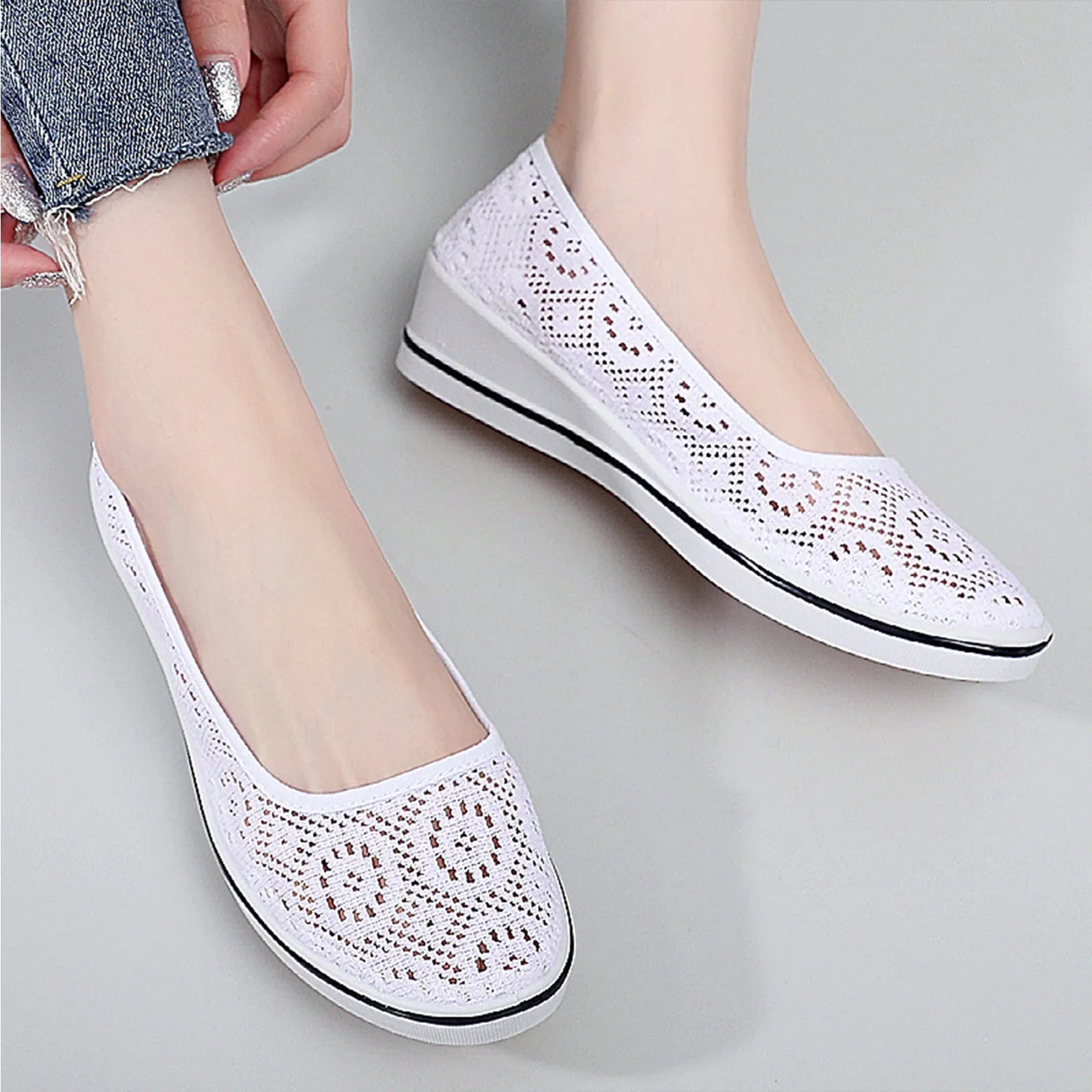 Women's Wedge Heel White Mesh Shoes Comfortable Non-slip Hollow Breathable All-match Work Beauty ShoesWhite Lace Hollow Breathab Peaceful Pleasures Health and Wellness White 41