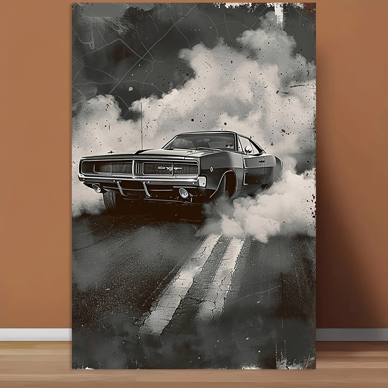 Black and White Muscle Car Canvas Print – Drifting Smoke Scene, Retro Auto Portrait, Frameless for Home Office Decor Peaceful Pleasures Health and Wellness