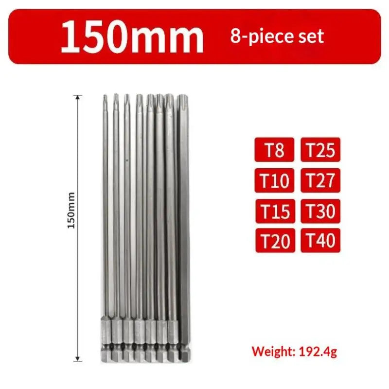 8Pcs/set 50mm/100mm/150mm S2 Steel Torx Screwdriver Bit Set 1/4 Inch Hex Shank Magnetic Star Bit T8-T40 For Drill Wrench Peaceful Pleasures Health and Wellness A3-150mm