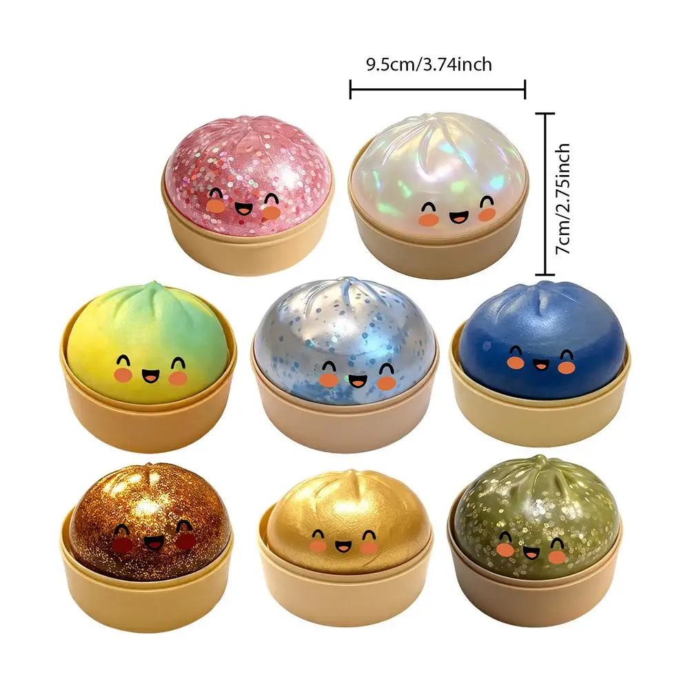 Colorful Dumpling Squeezable Toy Stress Relief Toy Squeezy Dough Ball with Steamer Stress Glitter Dumpling Squeeze Toy Peaceful Pleasures Health and Wellness