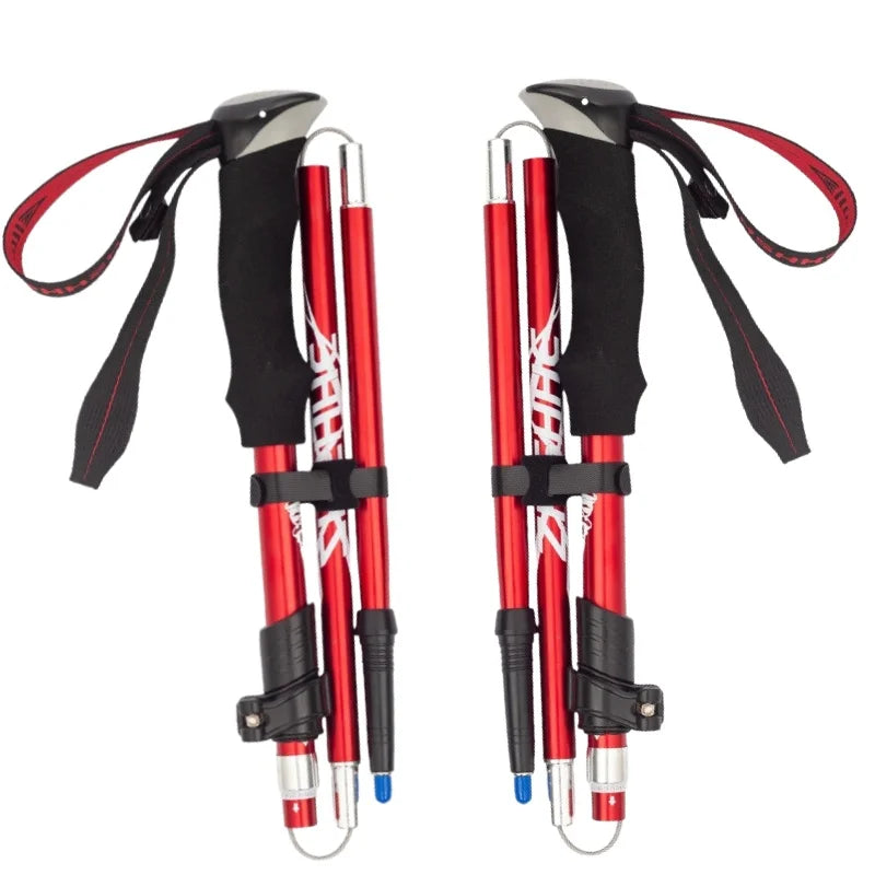 Aluminum alloy folding ultra-lightweight ultra-short retractable outdoor hiking stick, hiking staff, five-section hiking stick Peaceful Pleasures Health and Wellness red 2