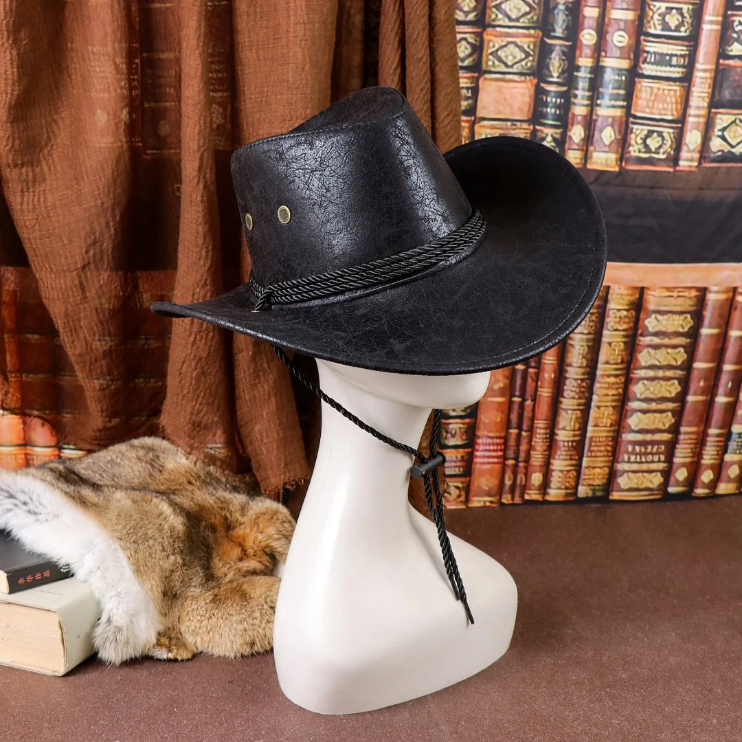 Vintage Faux Leather Big-edge Western Cowboy Hats Panama Gentleman