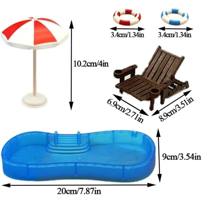 Beach Miniature Dollhouse Set – Umbrella, Chair, Pool & Rings