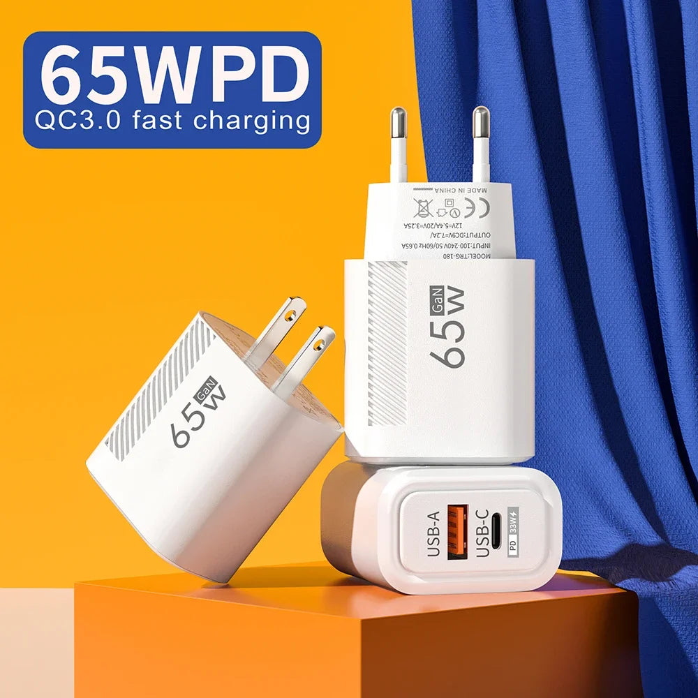 65W GaN Fast Charger PD QC3.0 Dual Port USB Wall Adapter EU US Plug Compatible with iPhone Samsung Xiaomi Tablets Travel Charger Peaceful Pleasures Health and Wellness