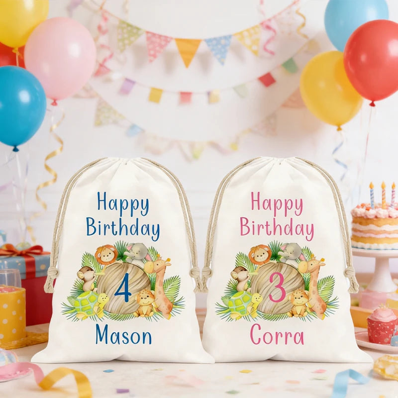 5-Pack Custom Name Safari Animal Drawstring Party Bags for Kids Party Favor Bags Peaceful Pleasures Health and Wellness
