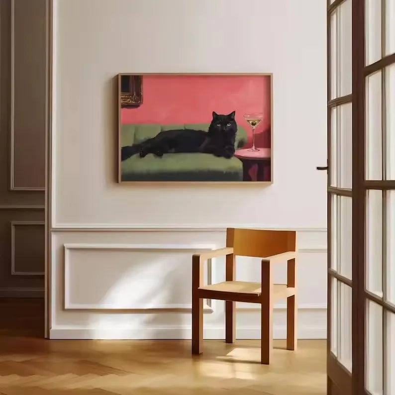 Vintage Trendy Cute Black Cat with Disco Ball&Tropical Drink Cocktail Poster Canvas Painting Wall Art Pictures Home Decor Gift Peaceful Pleasures Health and Wellness
