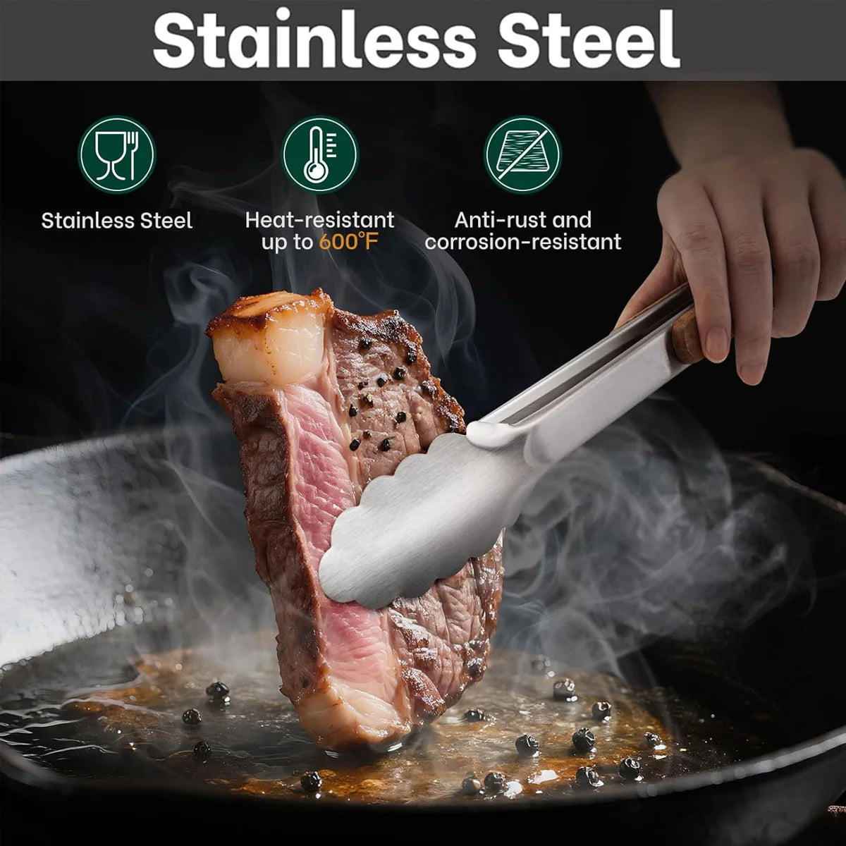 Leeseph Stainless Steel Food Tongs, 7-16 Inch Length, Heavy Duty Kitchen Tongs with Wooden Handle for Cooking, Grilling and BBQ Peaceful Pleasures Health and Wellness
