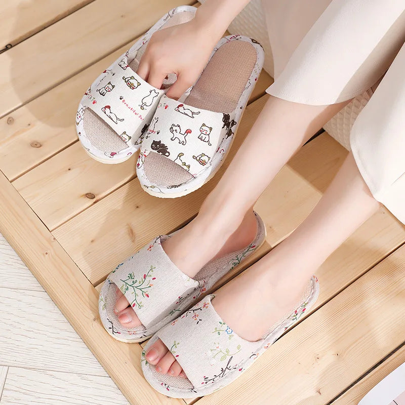 Women's Cartoon Cat Linen Slippers | Non-Slip Indoor Slides
