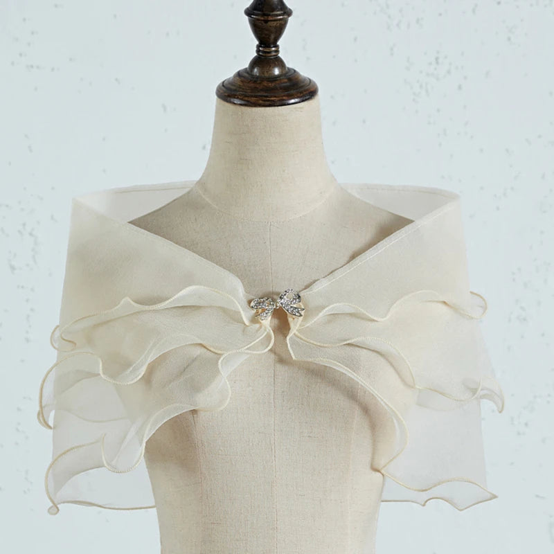 Women Vintage Layered Gauze Shawl Wrap Shrug Rhinestone Buckle Front Wedding Dress Cover Up Sexy Off Shoulder Ruffles Bolero New Peaceful Pleasures Health and Wellness Champagne One Size